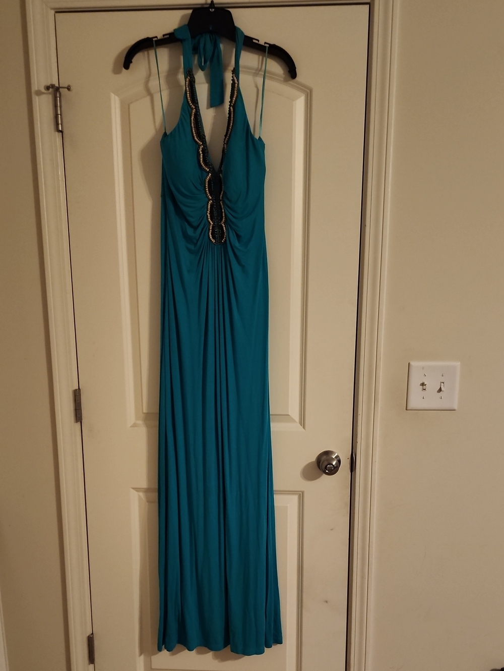 Cache Teal Halter-Neck Maxi Dress with Beaded Accents